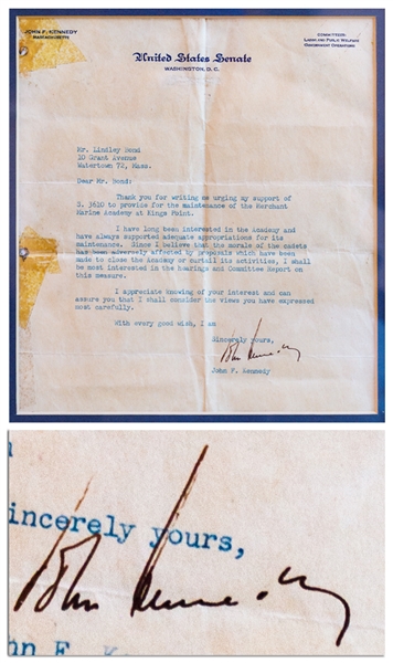 John F. Kennedy Letter Signed as Senator Regarding the U.S. Merchant Marine Academy